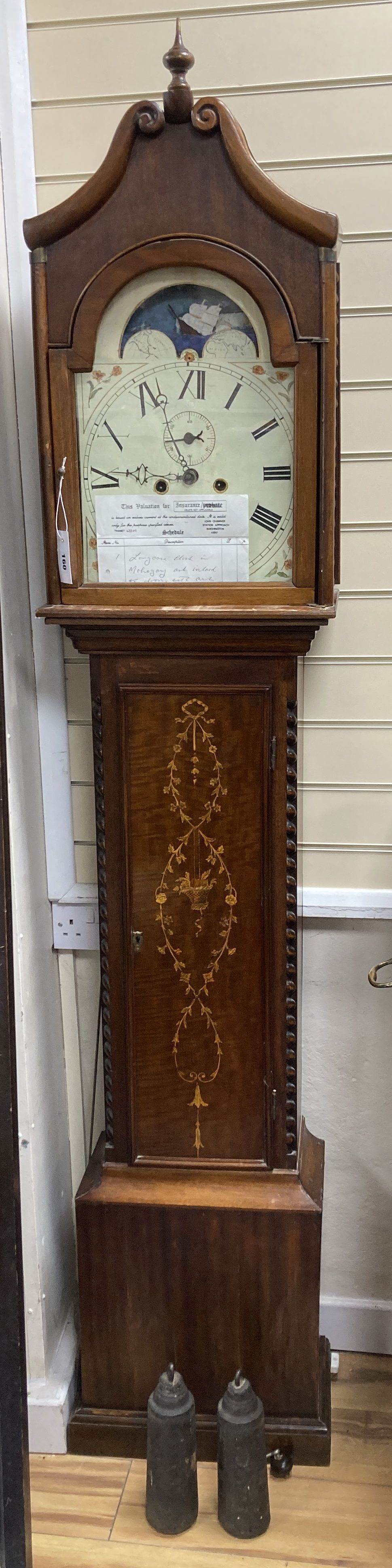 A 19th century and later inlaid mahogany longcase clock with printed dial, height 208cm